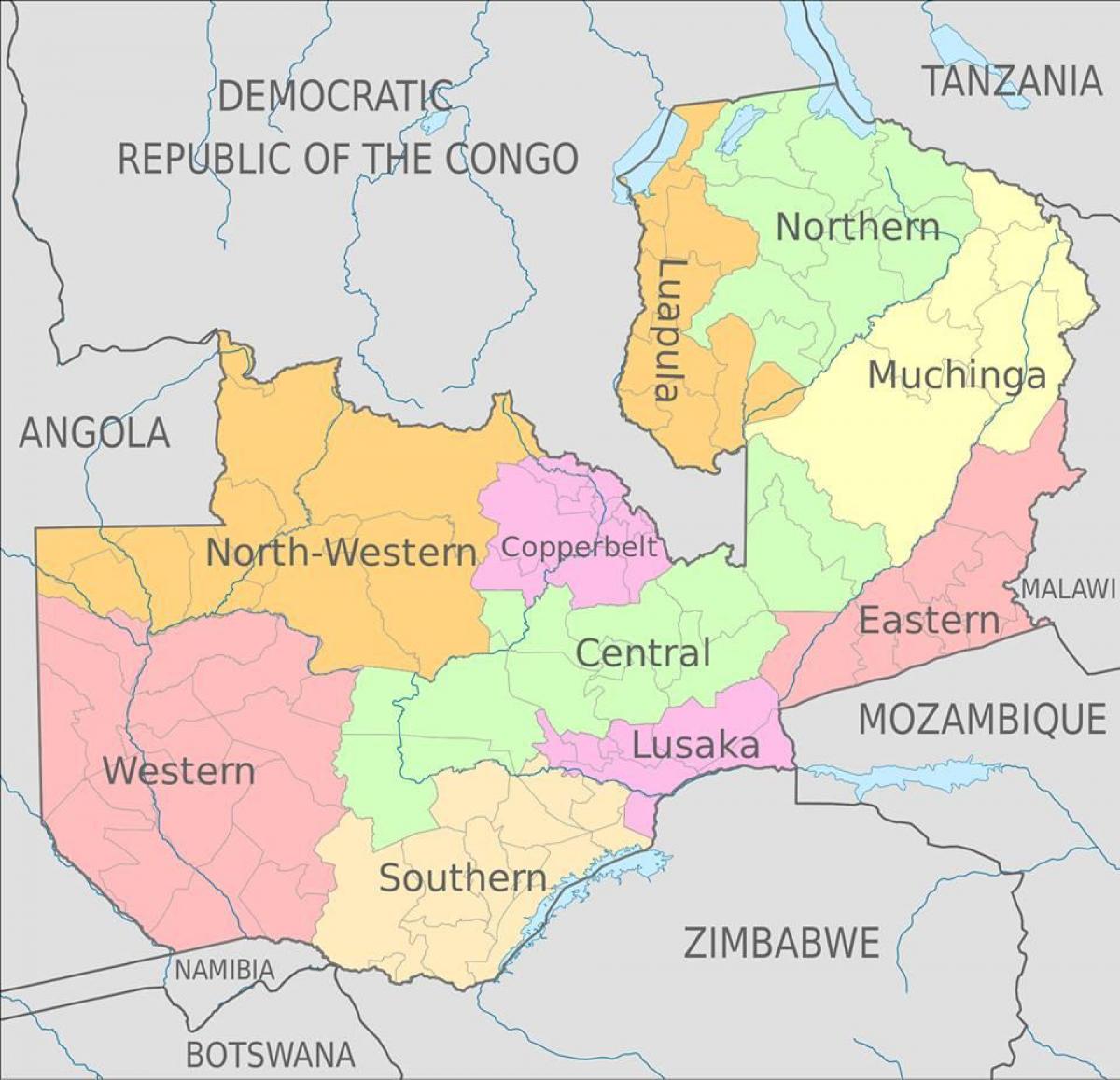 mapa Zambia ukazuje 10 provincií