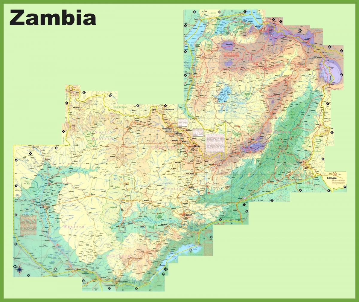 mapa Zambia obsahujúci všetky mestá