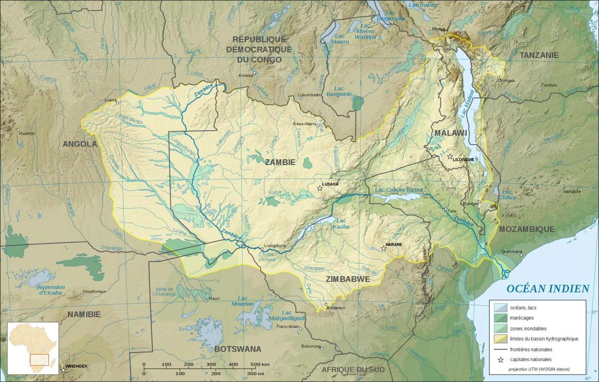 mapa Zambia ukazuje riek a jazier